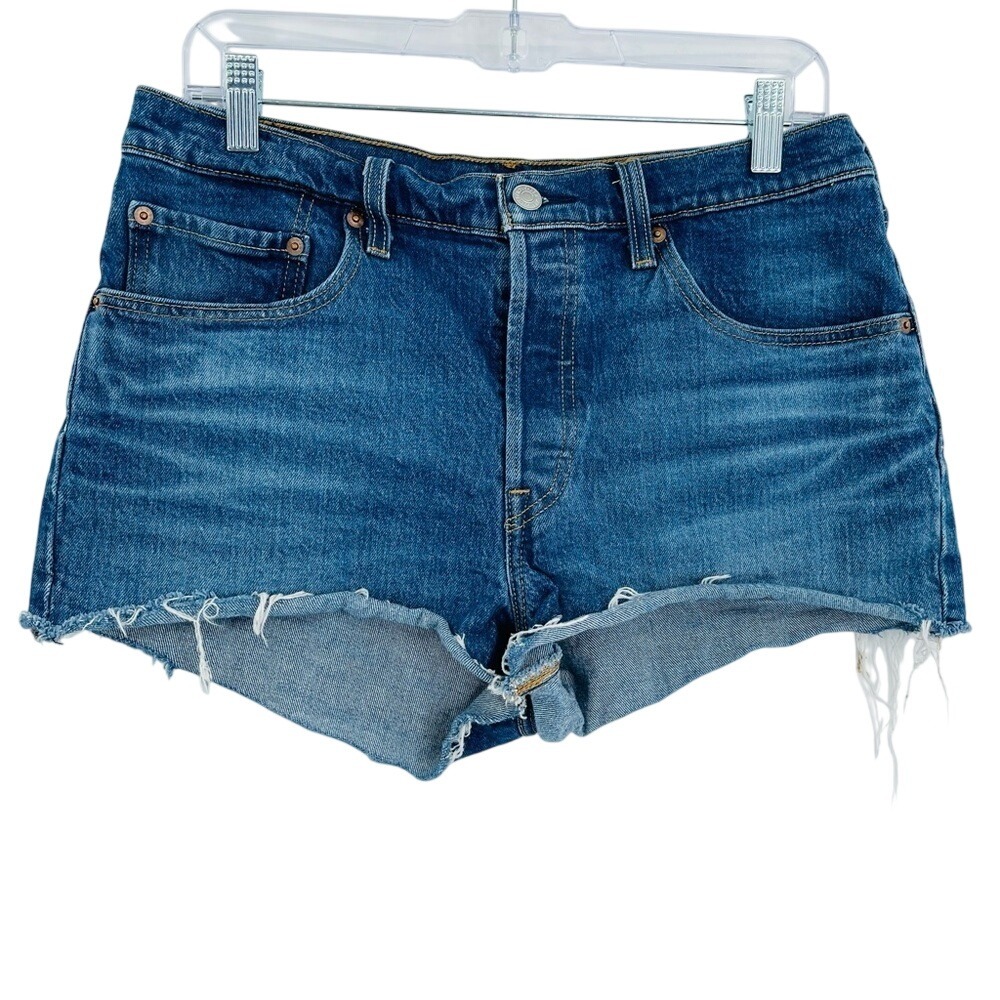 Levi's 501 Shorts Womens 30 Blue‎ High Rise Cut Off Denim Stretch Raw Hem